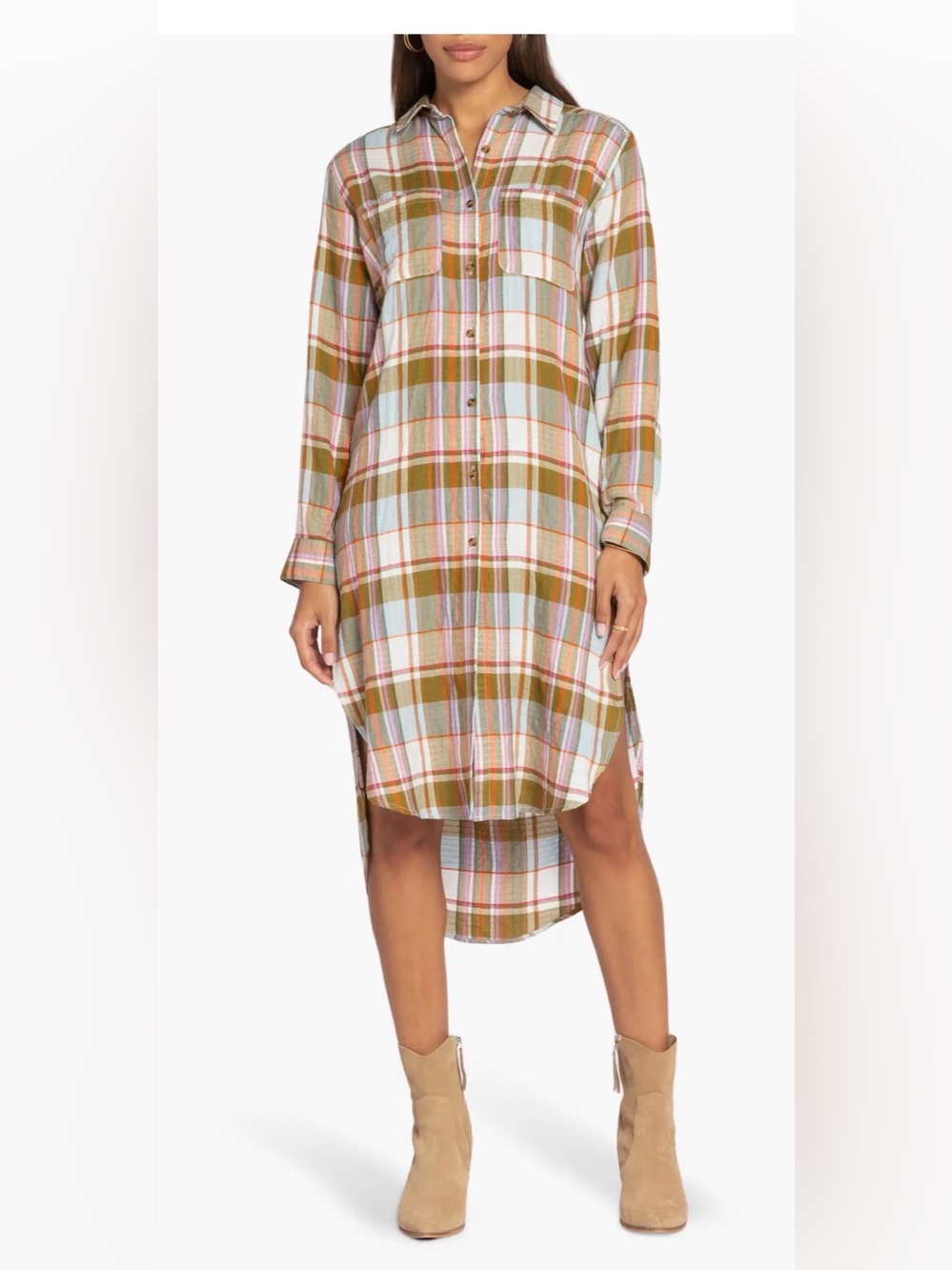 Velvet Heart Olive & Pastel Plaid High-Low Shirt Dress